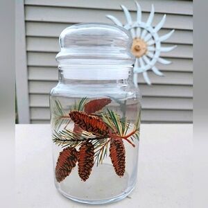 Vintage LIBBEY Winter PINECONE Glass 7" Kitchen Canister With Gasket-Seal Lid